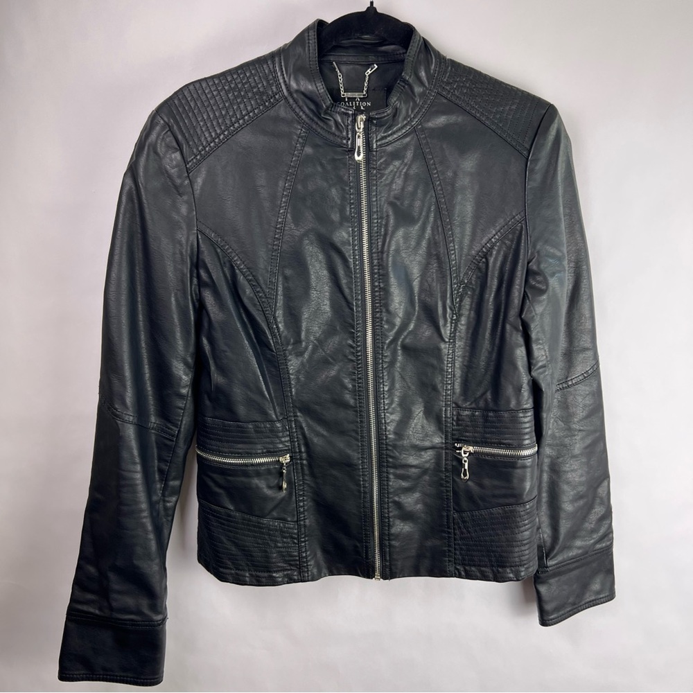 LA Coalition Black Moto Jacket, Faux Leather, Quilted, Zippered Pockets, Medium